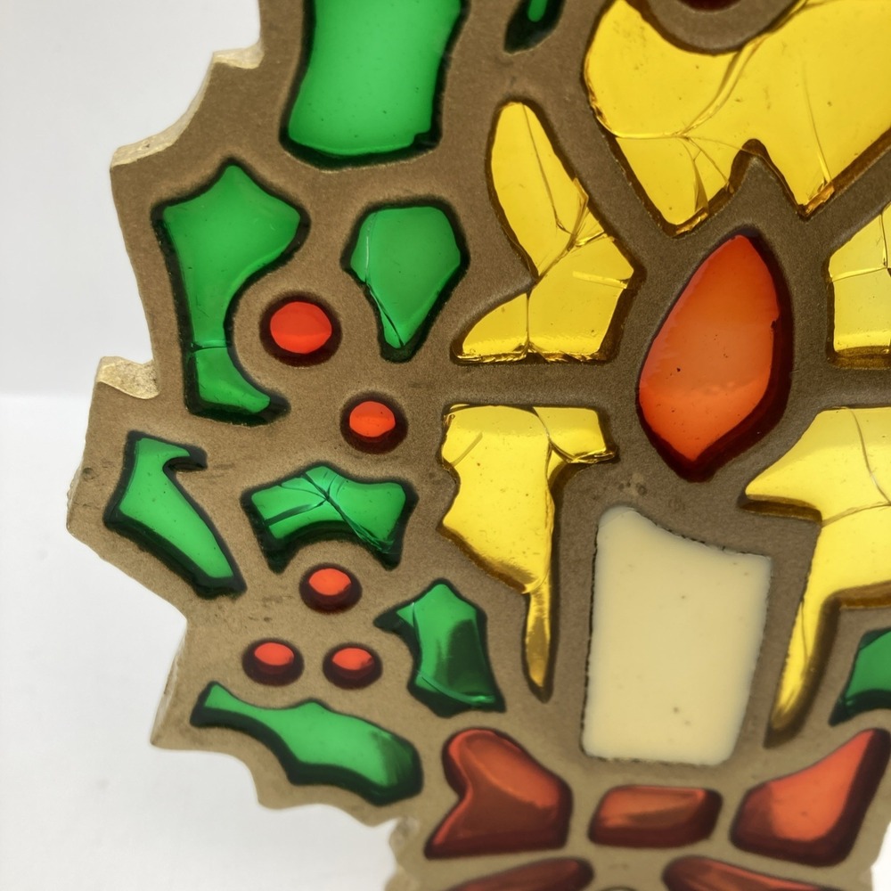Vintage STAINED GLASS Cast Iron Wreath CANDLE HOLDER MCM 70s Christmas - Picture 7 of 11